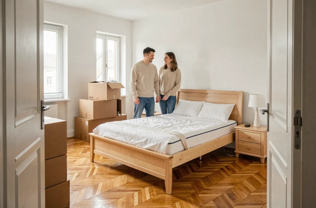 Couple souriant dans une chambre nouvellement meublée après la livraison et le montage d'un lit et de tables de chevet à domicile