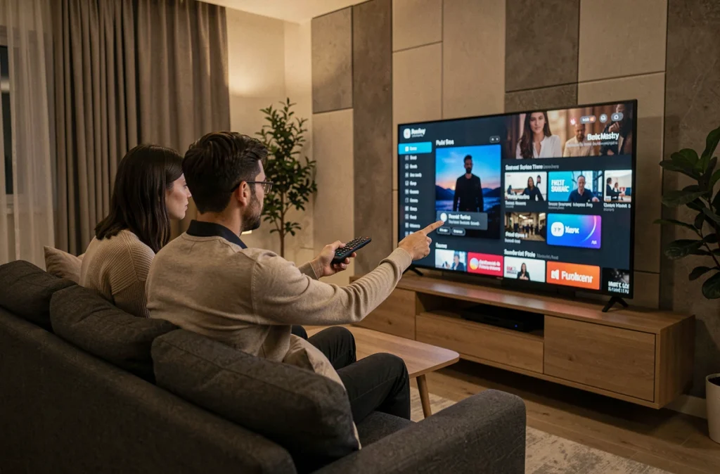 Couple choisissant une alternative de streaming sur une smart TV dans un salon moderne et cosy