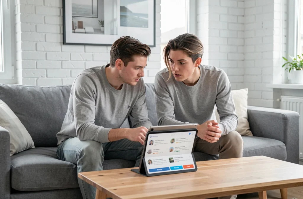 Couple comparant des avis sur des plateformes de location immobilière sur une tablette dans leur appartement