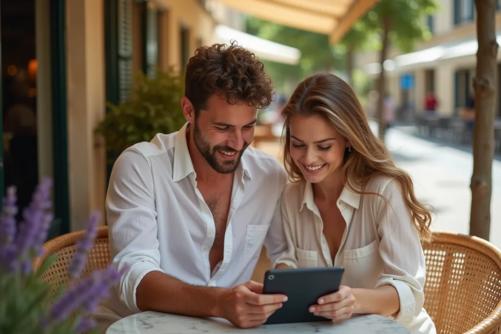 Couple planifiant un voyage en consultant la météo sur une tablette en terrasse de café à Bordeaux