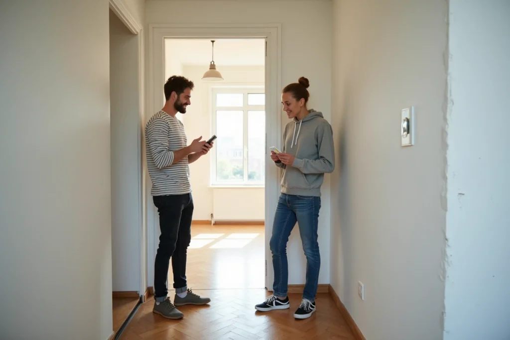 Couple visitant un appartement vide lors d'une visite locative pour trouver le logement idéal