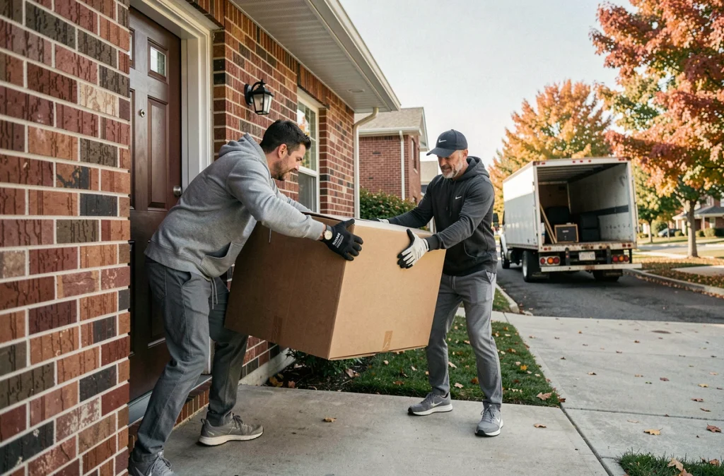 Deux déménageurs portant un grand carton dans l'entrée d'une maison de banlieue lors d'un déménagement résidentiel