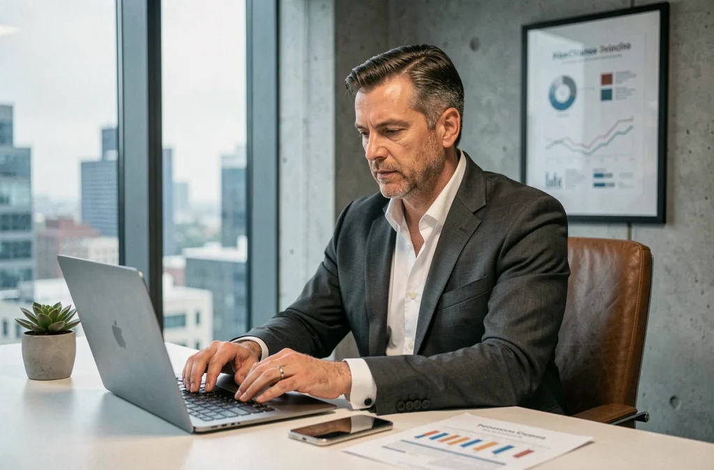 Dirigeant d'entreprise travaillant sur des solutions numériques pour optimiser les performances et la compétitivité de son organisation