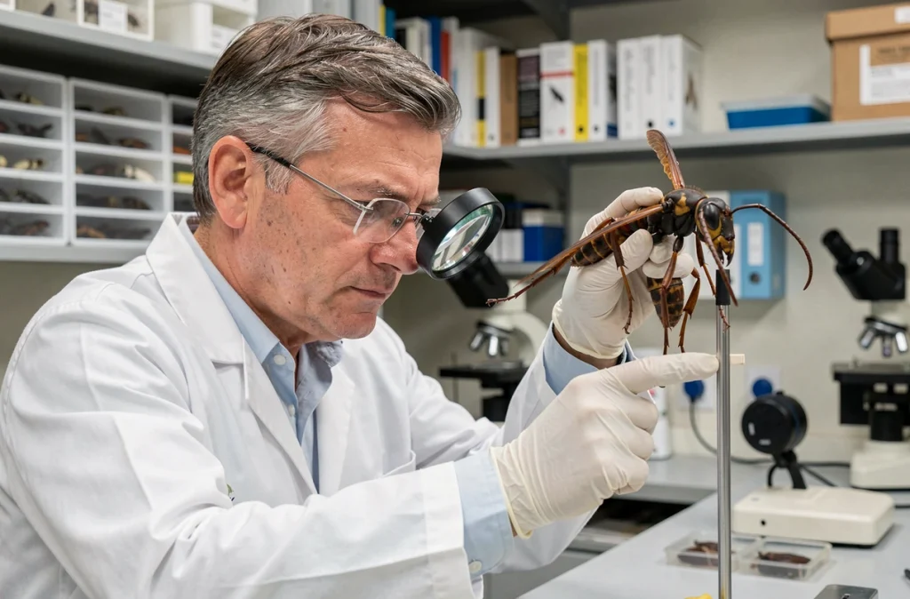 Entomologiste examinant un spécimen de frelon géant épinglé dans un laboratoire de recherche médicale sur les venins d'insectes