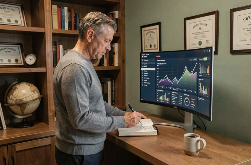Entrepreneur indépendant consultant une plateforme d'investissement en cryptomonnaies depuis son bureau à domicile