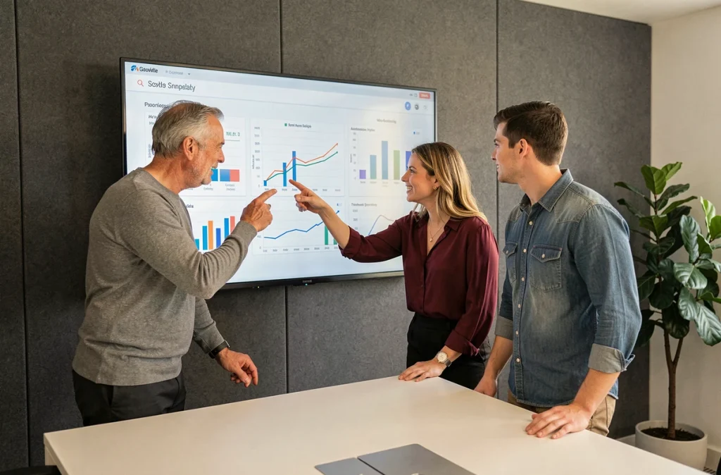 Équipe professionnelle collaborant autour d'un écran interactif avec des outils numériques de gestion de la performance en entreprise