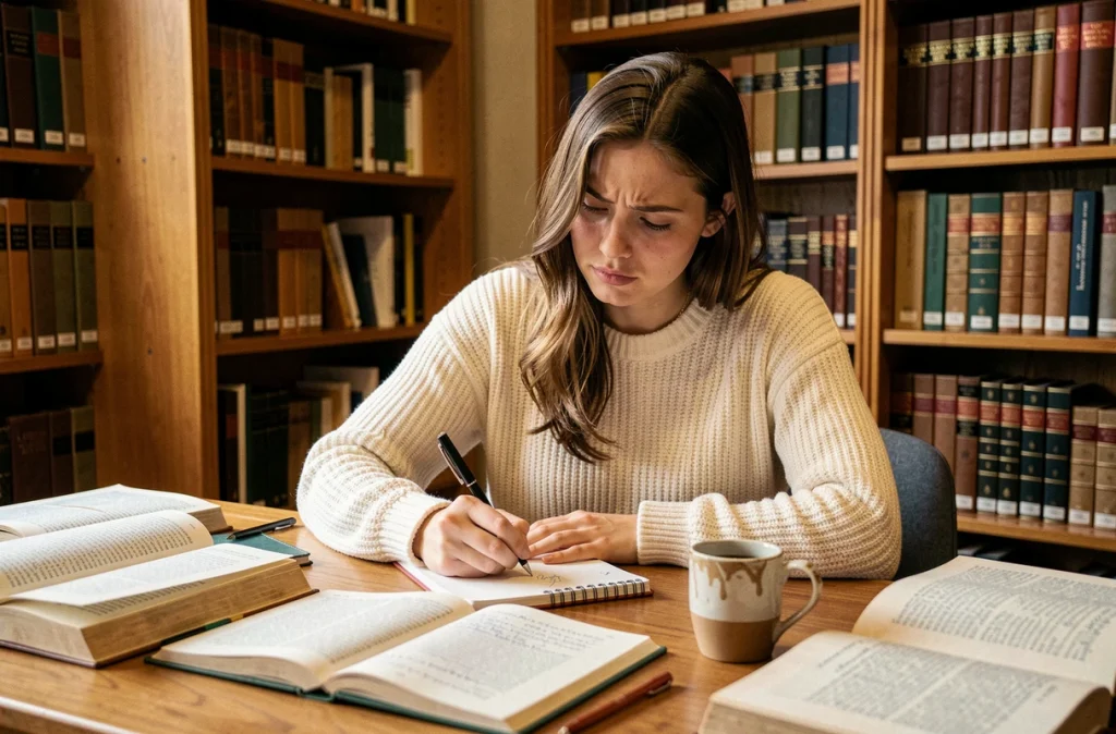 Étudiante en philosophie concentrée sur sa dissertation dans une bibliothèque universitaire entourée de livres et de notes manuscrites