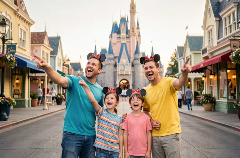Famille heureuse devant le château Disney avec oreilles Mickey lors de vacances en famille au parc Disney