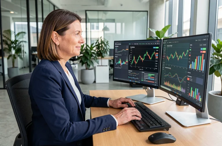 Femme d'affaires analysant des graphiques d'investissement en cryptomonnaies sur ordinateur dans un bureau moderne