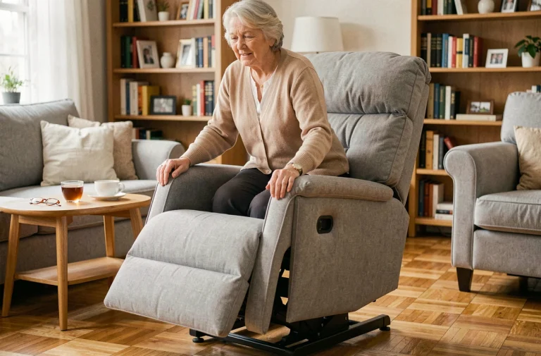 Femme âgée se relevant d'un fauteuil releveur dans son salon, illustrant le remboursement du fauteuil releveur par la sécurité sociale