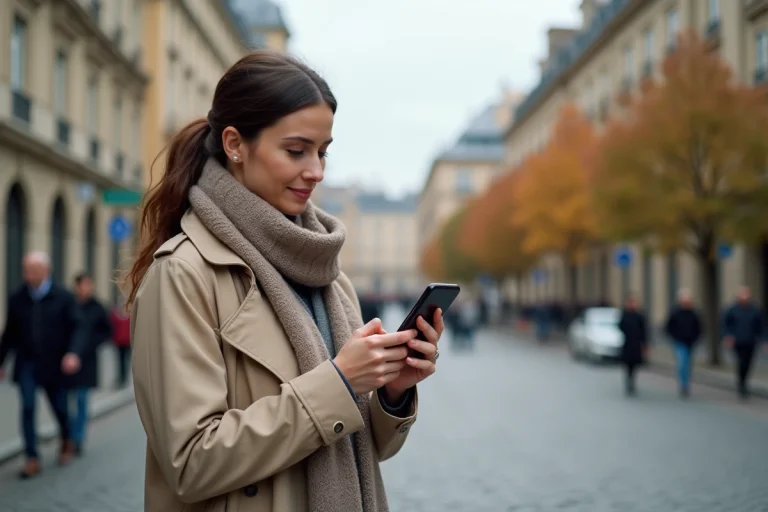 Femme consultant une application météo sur son smartphone dans une rue pavée de Lyon en automne