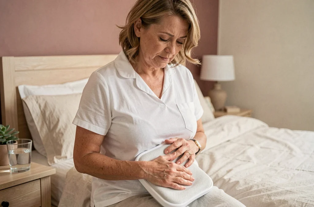 Femme en début de ménopause utilisant une bouillotte pour soulager des douleurs pelviennes, illustrant les symptômes des règles préménopausiques