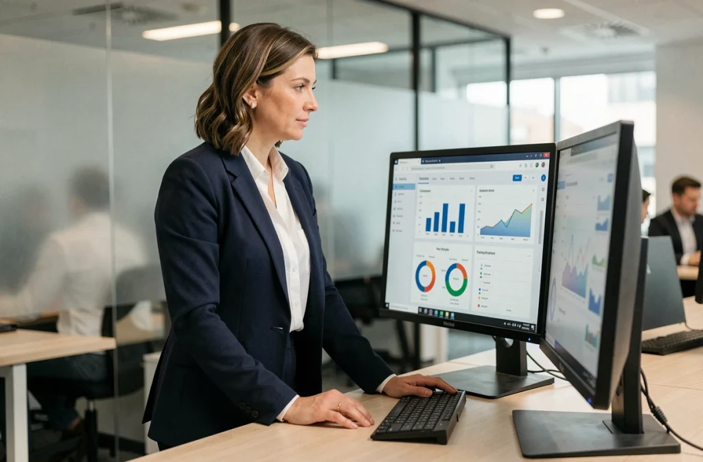 Femme cadre analysant des tableaux de bord numériques dans un bureau moderne pour améliorer la performance de son entreprise