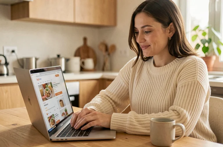 Femme commandant une livraison en ligne sur son ordinateur portable dans une cuisine moderne