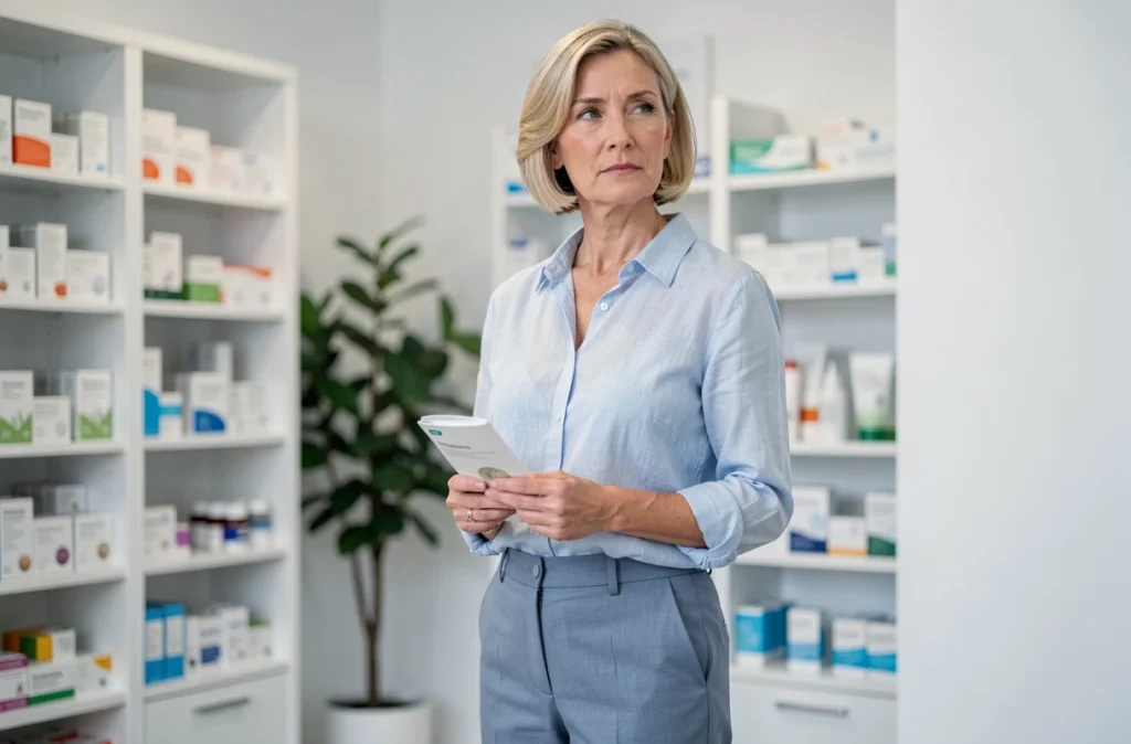 Femme d'une quarantaine d'années dans un cabinet médical tenant un carnet de santé, évoquant les consultations liées aux troubles préménopausiques