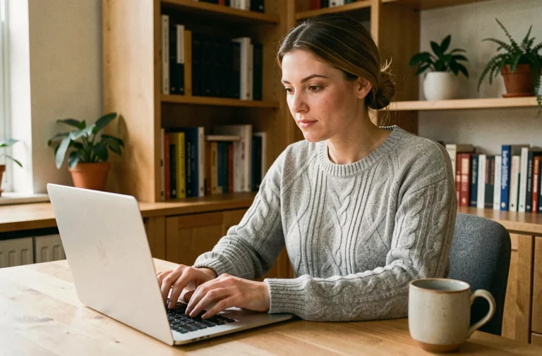 Une femme concentrée rédigeant un email de contact à une rédaction scientifique en ligne depuis son bureau à domicile