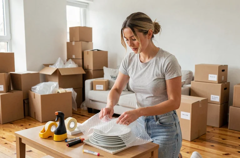 Femme emballant soigneusement de la vaisselle dans du papier bulle lors d'un déménagement organisé dans un appartement moderne