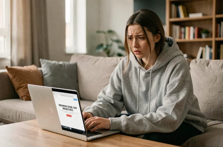 Jeune femme frustrée devant un écran d'ordinateur portable affichant une erreur de streaming, assise dans un salon moderne