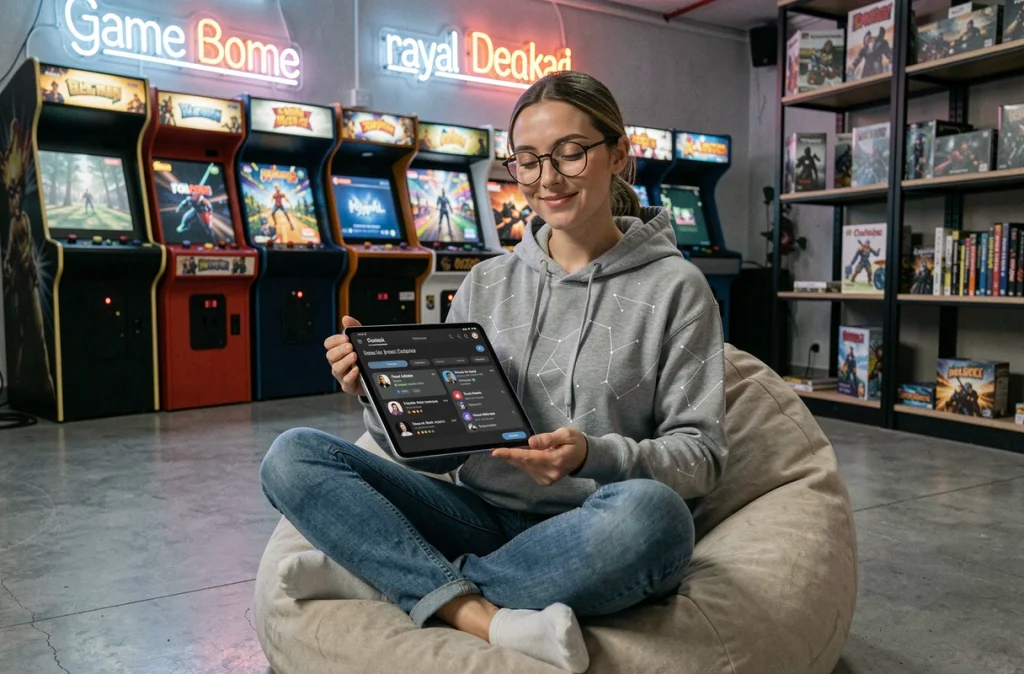 Femme geek connectant ses comptes de réseaux sociaux via une application de gestion de profils sur tablette dans un espace gaming vintage