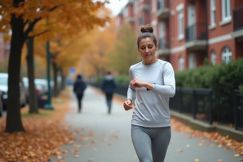 Femme marchant sur un trottoir urbain en automne et consultant sa montre connectée pour compter ses pas au kilomètre
