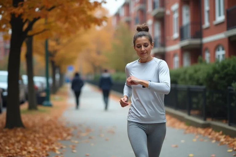 Femme marchant sur un trottoir urbain en automne et consultant sa montre connectée pour compter ses pas au kilomètre