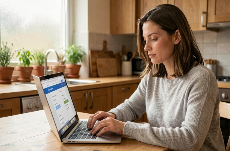 Femme consultant le plan du site d'un blog culinaire sur un ordinateur portable dans une cuisine moderne
