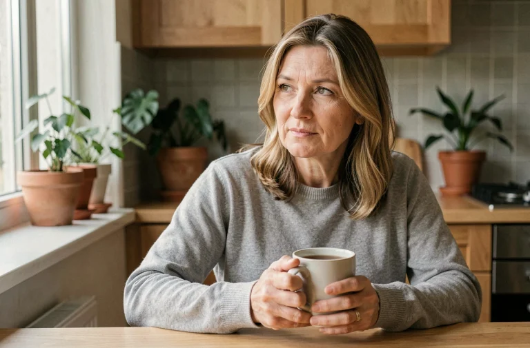 Femme en préménopause assise à la cuisine tenant une tasse de tisane, symbolisant la gestion des symptômes hormonaux