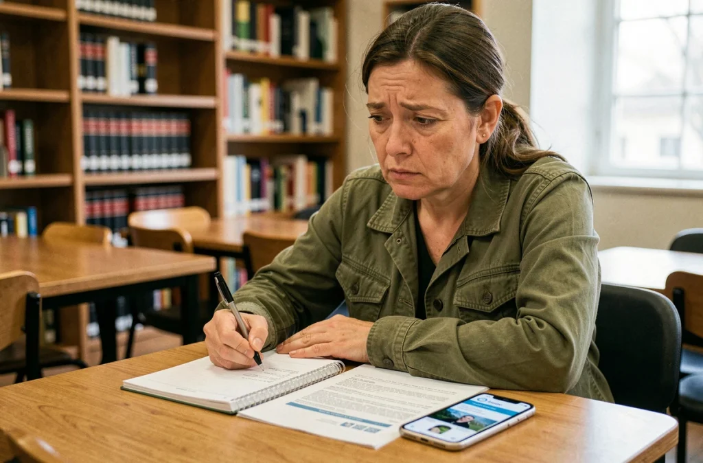 Femme effectuant des recherches juridiques seule pour prouver un manquement parental dans une bibliothèque