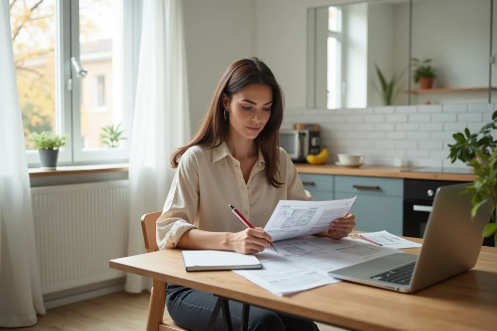 Femme cherchant un logement à louer en consultant des annonces immobilières sur son ordinateur portable et sur papier