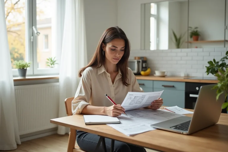 Femme cherchant un logement à louer en consultant des annonces immobilières sur son ordinateur portable et sur papier