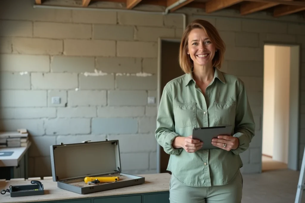 Femme consultant un tutoriel de rénovation sur tablette dans une cuisine en travaux partiellement rénovée