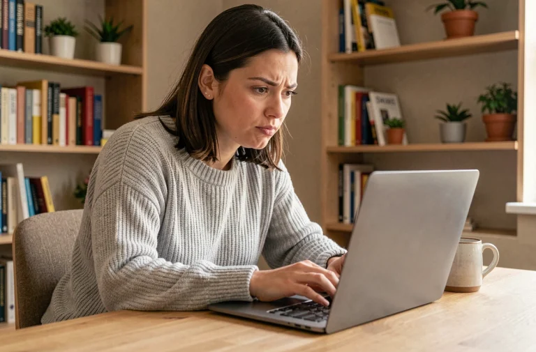 Femme lisant attentivement des avis en ligne sur un ordinateur portable dans un bureau à domicile, expression dubitative