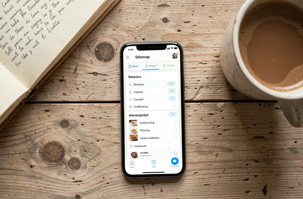 Vue de dessus d'un smartphone affichant le plan du site d'un blog culinaire posé sur une table en bois avec un carnet de recettes