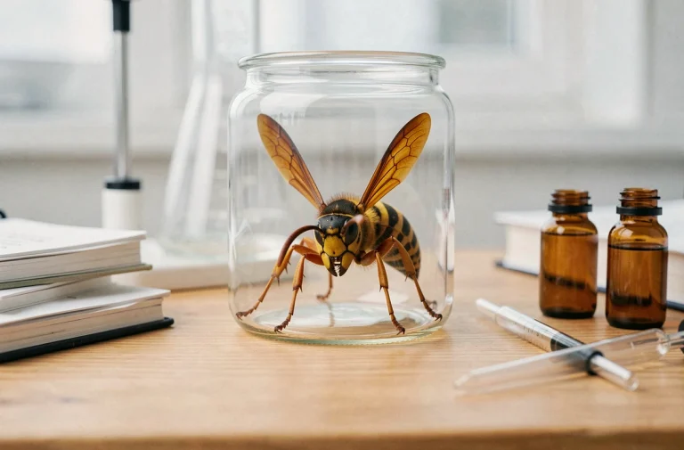 Frelon géant asiatique conservé dans un bocal en verre sur une paillasse de laboratoire scientifique avec des vials de recherche médicale