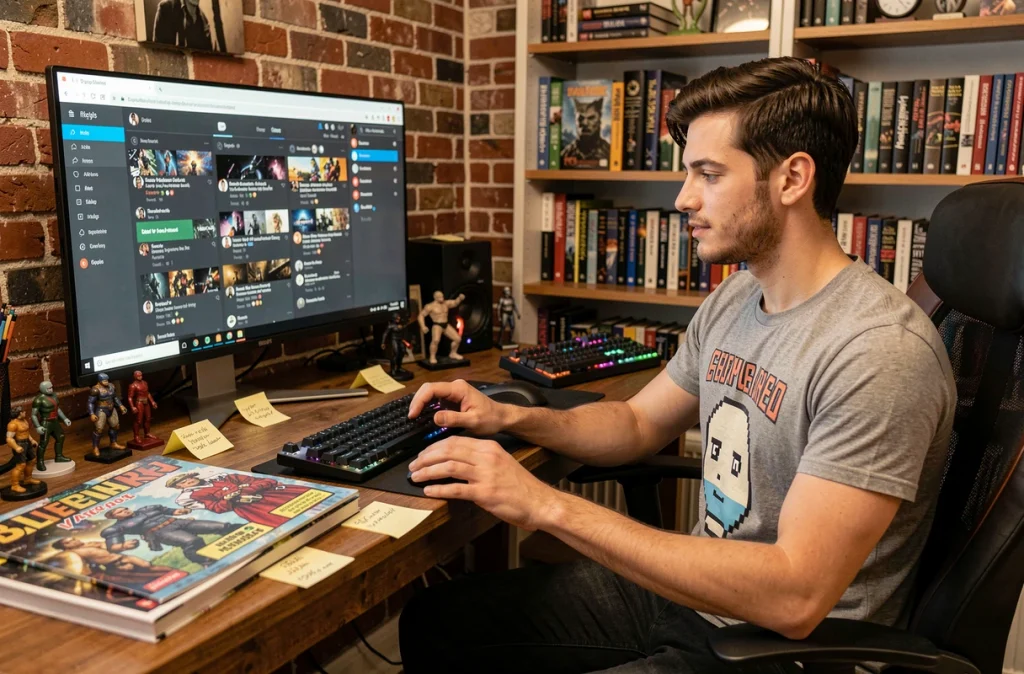 Jeune homme geek gérant ses profils de réseaux sociaux sur un tableau de bord unifié depuis son bureau à domicile décoré de figurines et de bandes dessinées