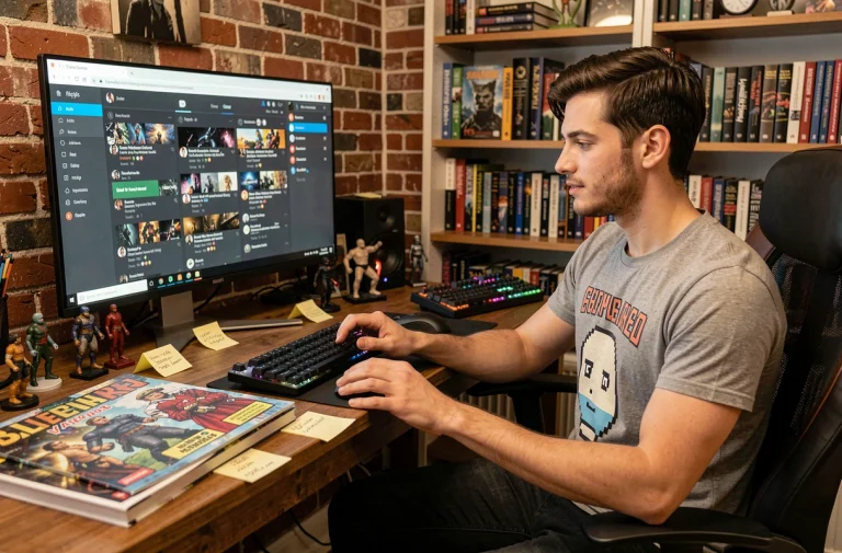 Jeune homme geek gérant ses profils de réseaux sociaux sur un tableau de bord unifié depuis son bureau à domicile décoré de figurines et de bandes dessinées