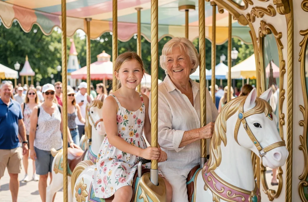 Grand-mère et petite-fille souriantes sur un manège Disney, idéal pour des vacances en famille intergénérationnelles