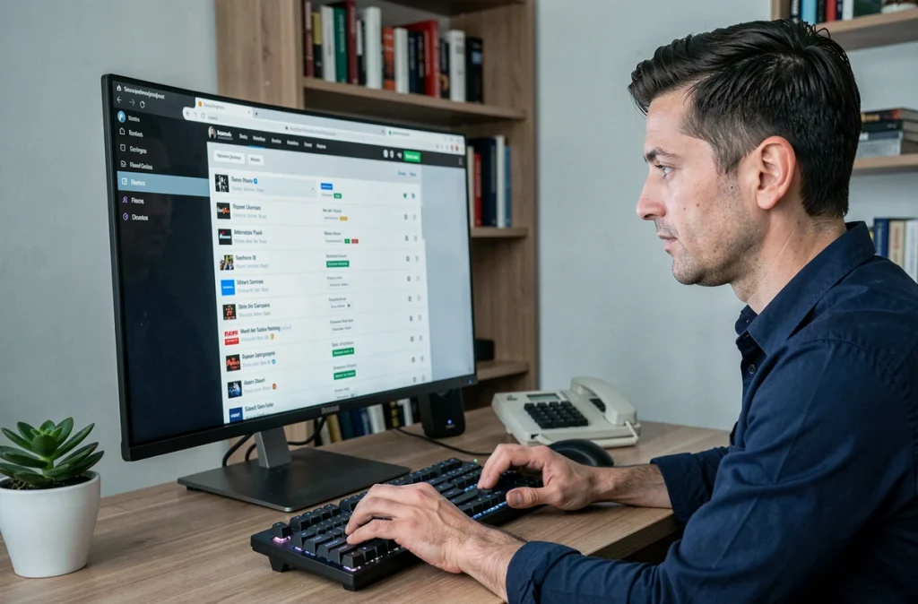 Homme recherchant des alternatives de streaming sur son ordinateur de bureau dans un bureau à domicile