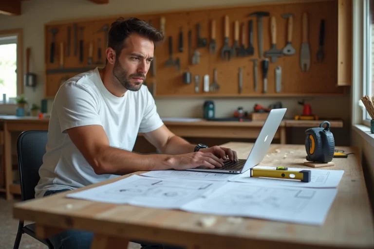 Homme consultant un blog de bricolage sur son ordinateur portable dans un atelier de rénovation organisé