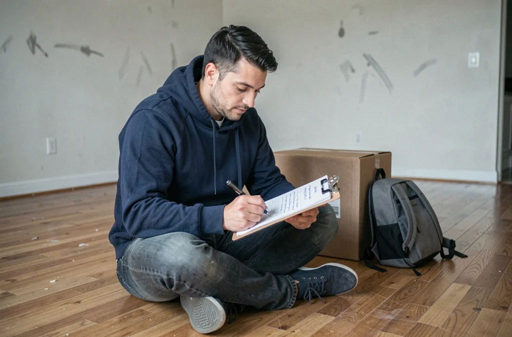 Homme consultant une liste de contrôle de déménagement assis sur le parquet d'un appartement vide après avoir emballé toutes ses affaires
