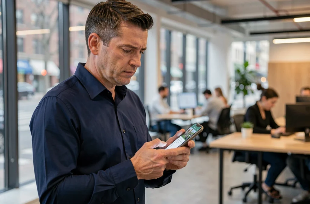Homme consultant des avis utilisateurs sur une application immobilière depuis son smartphone dans un espace de coworking