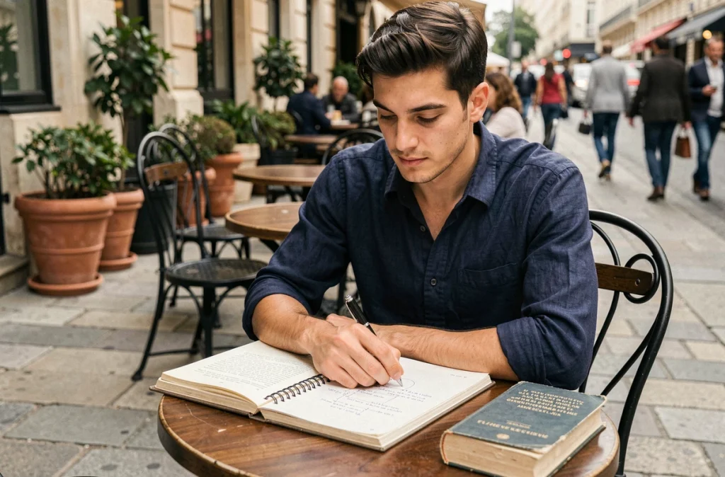 Homme rédigeant un plan de dissertation philosophique sur le bonheur dans un café parisien en terrasse avec livres et carnet de notes
