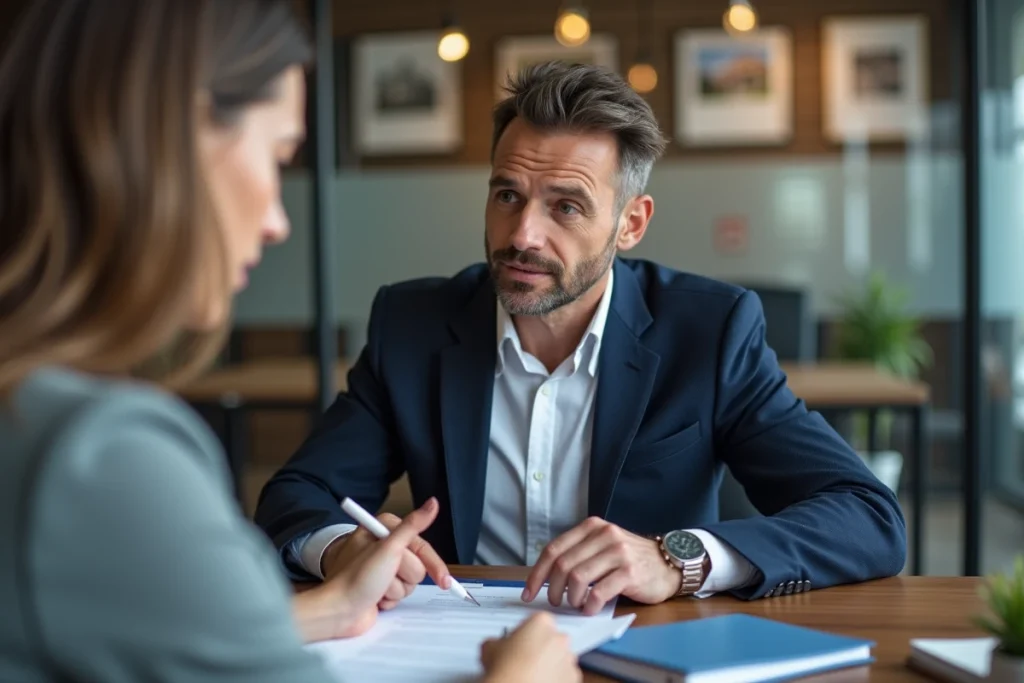Homme signant un contrat de location avec un agent immobilier dans une agence professionnelle