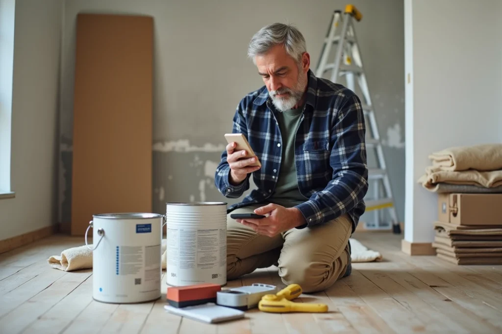 Homme utilisant son smartphone pour consulter un guide digital d'outils lors de travaux de rénovation dans un salon