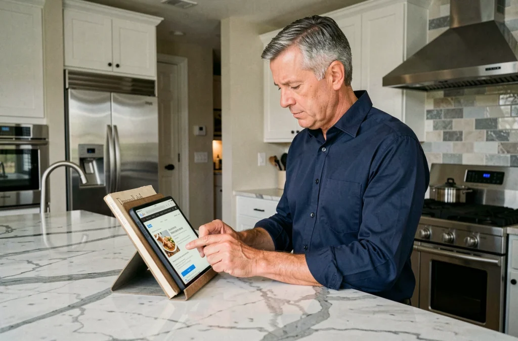Homme utilisant une tablette pour naviguer dans le plan du site d'un blog de recettes dans une grande cuisine