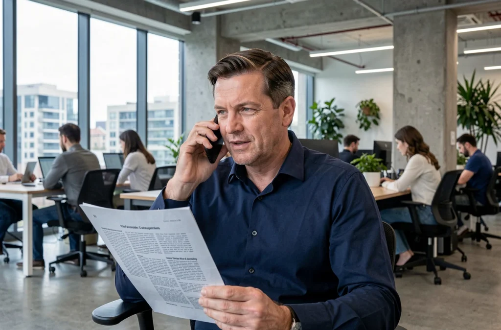 Un homme professionnel contactant une rédaction scientifique par téléphone dans un espace de coworking moderne