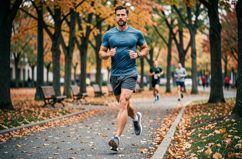 Homme qui fait du jogging dans un parc en automne dans le cadre d'une routine sportive pour retrouver la forme et perdre du poids