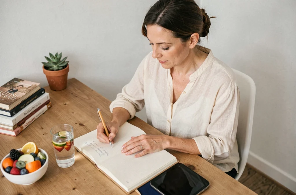 Femme notant ses objectifs de perte de poids et ses habitudes alimentaires dans un journal de bien-être à son bureau à domicile