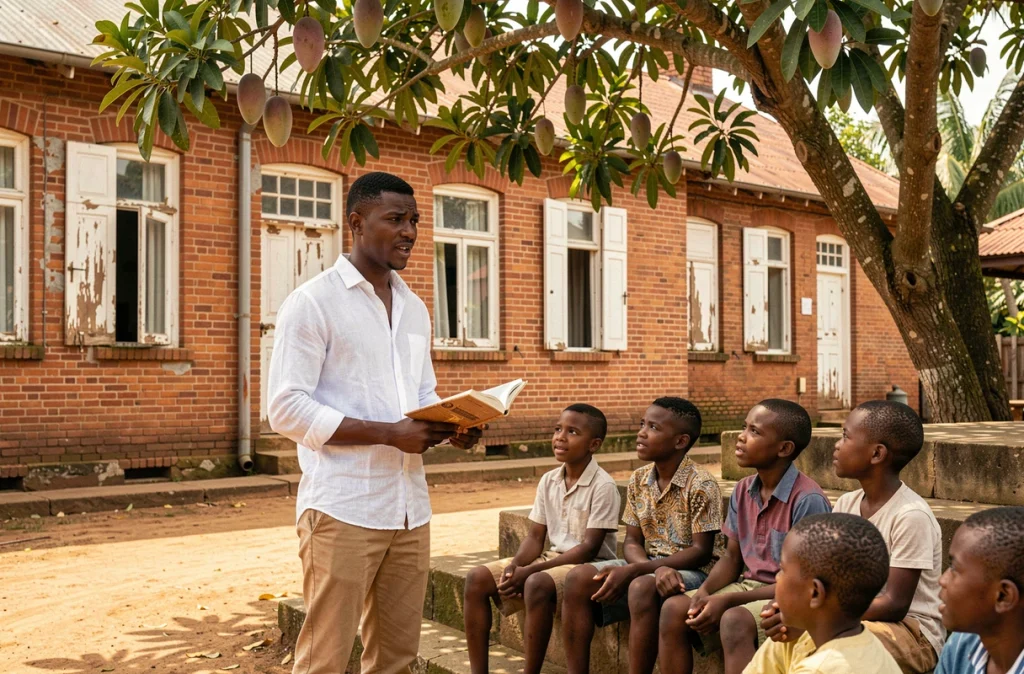 Jeune enseignant jamaïcain donnant un cours devant une école coloniale, illustrant l'usage de l'anglais et du créole jamaïcain dans l'éducation