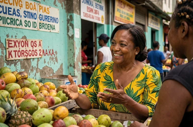 Femme jamaïcaine en conversation animée dans un marché coloré de Kingston, avec des panneaux en patois jamaïcain visibles en arrière-plan